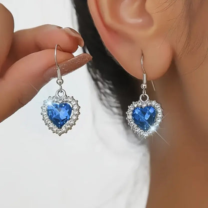 Blue heart jewelry set, 1 ocean blue heart pendant necklace + 1 pair of ocean blue heart earrings,