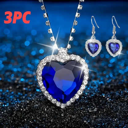 Blue heart jewelry set, 1 ocean blue heart pendant necklace + 1 pair of ocean blue heart earrings,