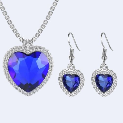 Blue heart jewelry set, 1 ocean blue heart pendant necklace + 1 pair of ocean blue heart earrings,