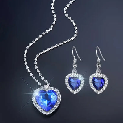 Blue heart jewelry set, 1 ocean blue heart pendant necklace + 1 pair of ocean blue heart earrings,