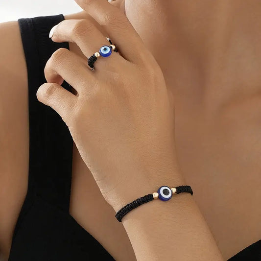 Couples' Boho-Chic Evil Eye Jewelry Collection - Adjustable Ring And Bracelet